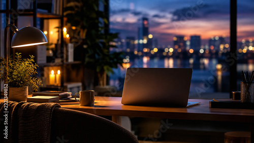 Twilight home office desk setup for remote work website banner