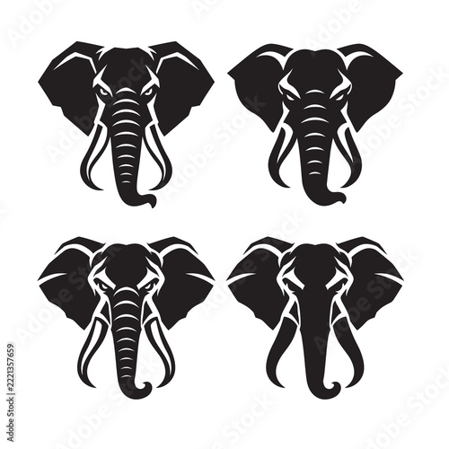 Set of Four Black Elephant Head Silhouette Logos, Minimalist African Wildlife Vector Design