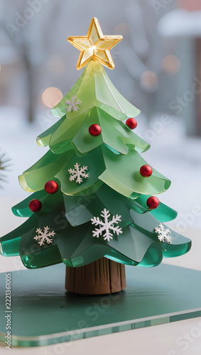 Green decorative souvenir Christmas tree with a golden star, red baubles, and snowflake ornaments, illustrating Christmas Eve prep, holiday decor, and New Year celebration