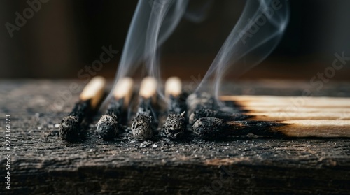 A striking close-up shot captures burnt matches row burnout with delicate rising smoke on a weathered dark wooden surface, conveying a dramatic mood of completion and finality