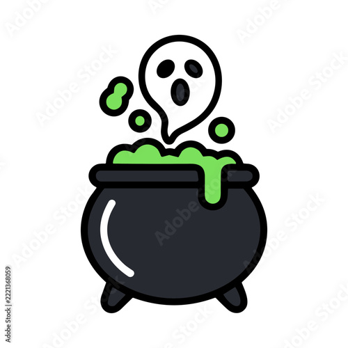 Dark Cauldron Bubbling with Green Potion and Fumes Against a Mysterious Black Background