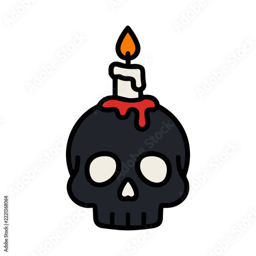 Dark Candlelit Skull with Dripping Wax and Flickering Flame in a Mysterious Atmosphere