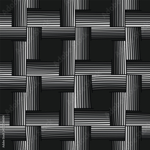 A seamless monochrome pattern with interlocking horizontal and vertical striped blocks, creating a three-dimensional effect against a dark background.