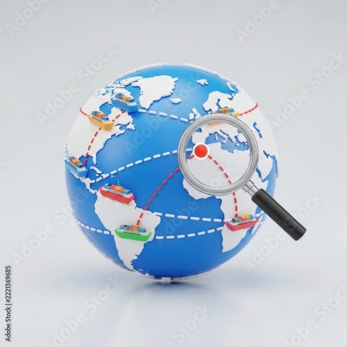 Magnifying glass over a3d globe with cargo ships and global logistics network routes