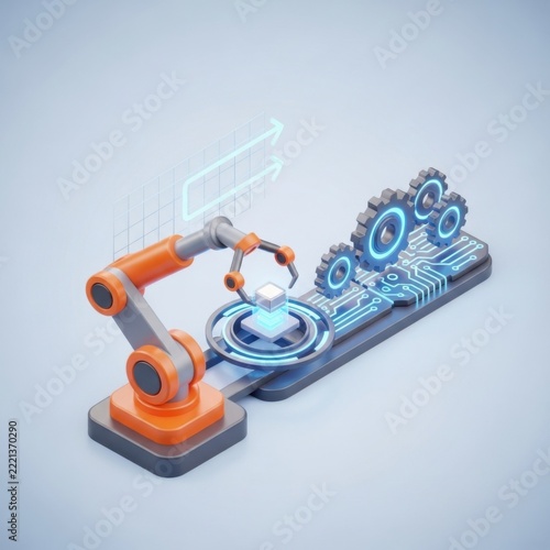Orange robotic arm assembling components on a circuit board with glowing blue gears