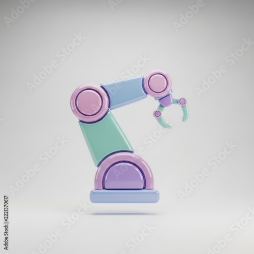 Pastel colored robotic arm with mechanical claw isolated on a plain light grey background