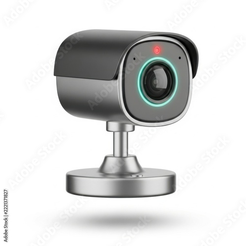 Security surveillance camera with glowing lens and red status light on a white background