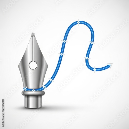 Silver fountain pen nib with a blue curved path line and anchor points on white background
