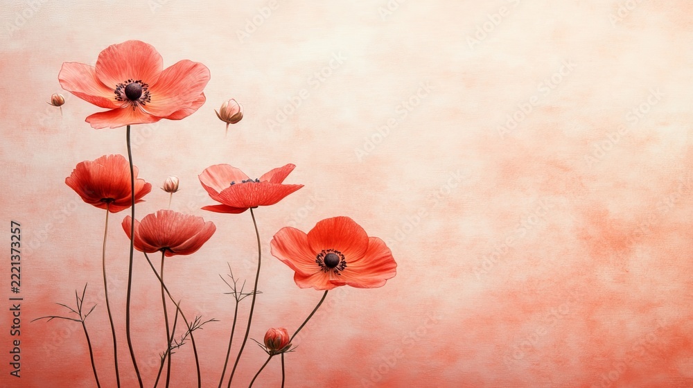 Fototapeta premium A dreamy illustration featuring delicate blooming orange cosmos flowers under pastel light canvas.