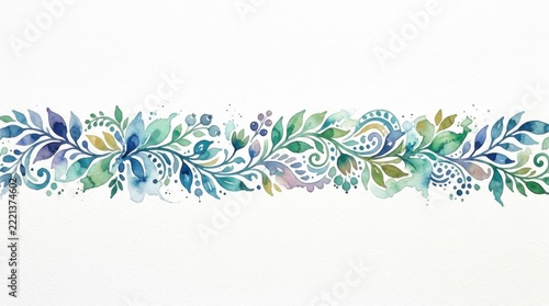 Watercolor floral border with green and blue leaves and delicate patterns.