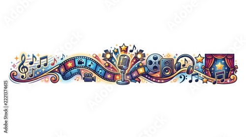 A vibrant artistic illustration celebrating the world of entertainment and performance arts.