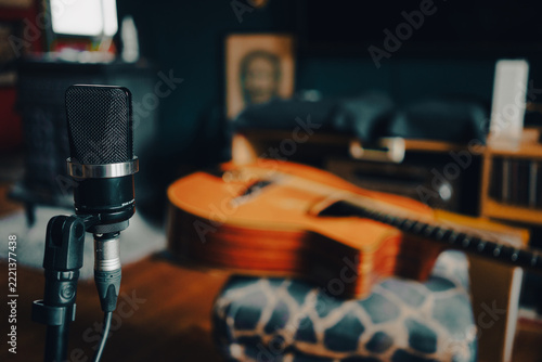 Gypsy jazz acoustic guitar in the living room with two microphones