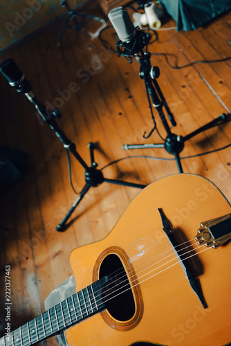 Gypsy jazz acoustic guitar in the living room with two microphones