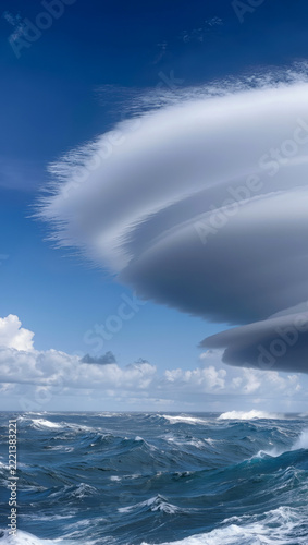 Dramatic lenticular cloud formation hovering over a rough ocean with crashing whitecap waves, illustrating marine storm front, extreme atmospheric weather, and ocean power