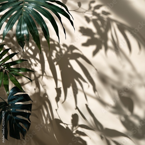 Fresh monstera leaf casting intricate shadows on white background for modern interior design