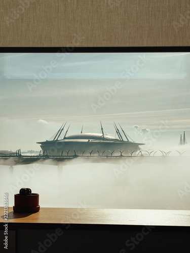 Beautiful morning cityscape with giant modern stadium in dense mist is visible from clean indoor window with small cactus plant in Saint Petersburg, Russia