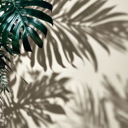 Sunlight casting delicate palm frond shadows on neutral wall for serene interior design