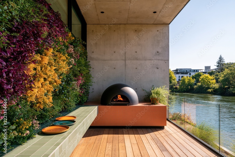 Fototapeta premium Riverside balcony with black domed pizza oven and vertical plant wall on a wooden deck for outdoor cooking background and modern terrace design