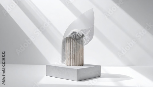 Minimalist museum exhibit featuring an ancient fluted marble Doric column with a modern electronic display panel on a concrete pedestal under light