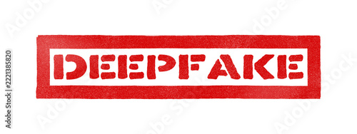 Bold stencil lettering spells deepfake in red on a black banner against white. Striking warning design suits articles and campaigns about misinformation and AI manipulation.
