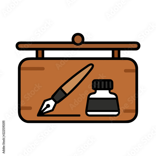 Elegant Fountain Pen and Ink Bottle on a Stylish Desk Surrounded by Stationery Tools