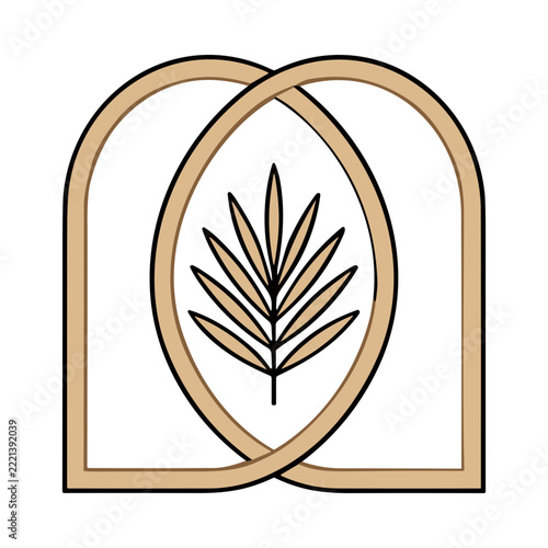 Elegant Geometric Botanical Design Featuring Overlapping Arches and Leaf Motif on a Light Background
