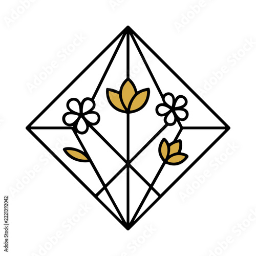 Elegant Geometric Design Featuring Symmetrical Floral Motifs in White and Gold Colors