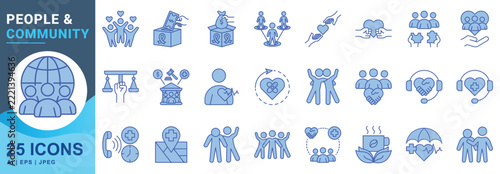 People and community icon set in filled outline color style for social support, charity, donation, empathy and equality