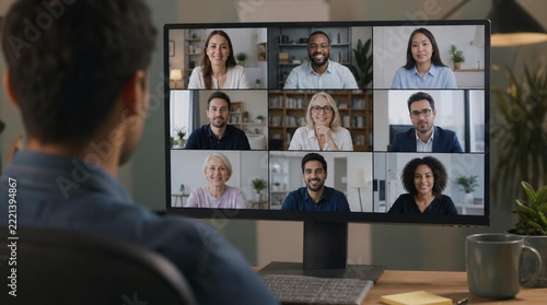 Over-the-shoulder view of a person looking at a computer screen showing a 3x3 grid of diverse professionals on a video conference call in a modern home office workspace detailed commercial stock
