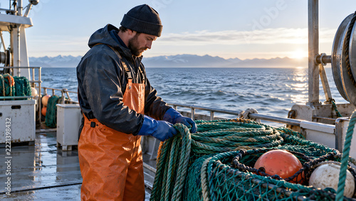 Fisherman Organizes a Net on an Offshore Boat