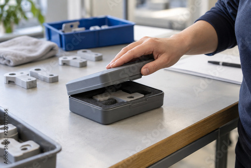 Closes an unmarked hinged sample case around a correctly placed insert