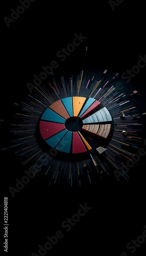 Shattered circle diagram, pie chart segments radiating outwards in a dark, intense chiaroscuro, Dutch angle perspective on broken data,  segments,  artistic