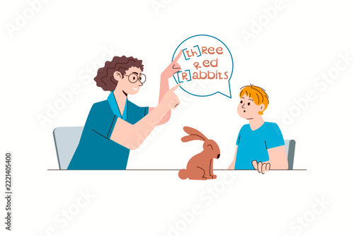 Speech therapist helps boy practice correct pronunciation of difficult sounds. Vector character illustration.