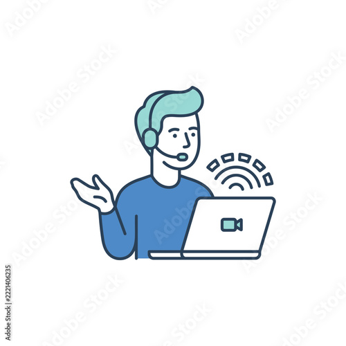 Male Customer Service Representative with Headset Using Laptop for Online Support and Communication