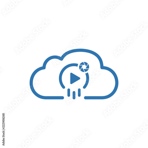 Minimalist Blue Cloud Icon with Play Button and Camera Shutter for Media Streaming and Storage