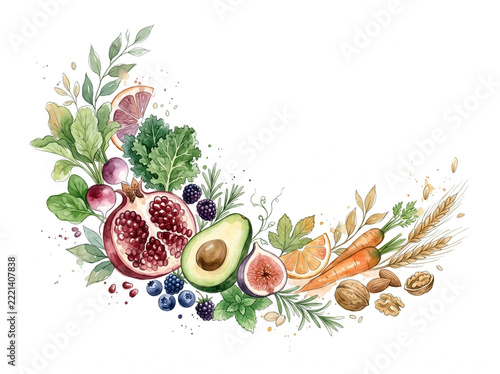 Watercolor illustration of a fresh fruit and vegetable wreath arranged in an arc with copy space on a white background