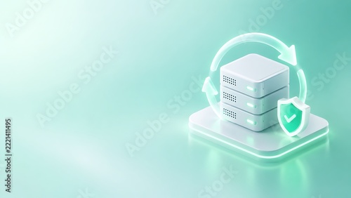 Three tier data server stack with circular sync arrow and shield protection icon for digital storage cloud security system.