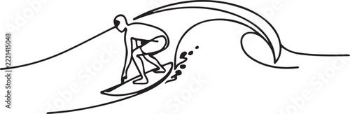 Photography Single continuous line drawing young professional surfer in action riding the waves on blue ocean