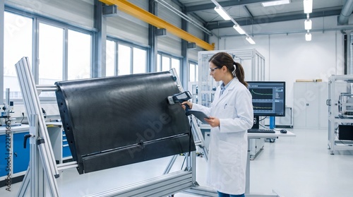 Scientist testing a carbon fiber panel with a handheld instrument in a materials research laboratory. Composite engineering and quality inspection. Advanced manufacturing and industrial