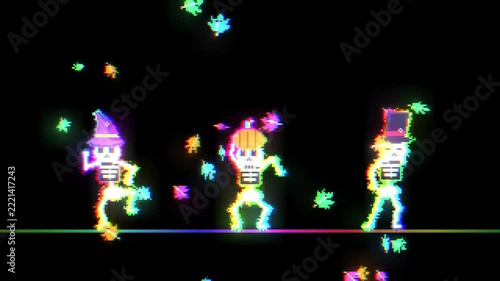 Three Dancing Pixel Skeletons with Rainbow Neon Glow and Floating Maple Leaves. Retro Halloween Loop Animation