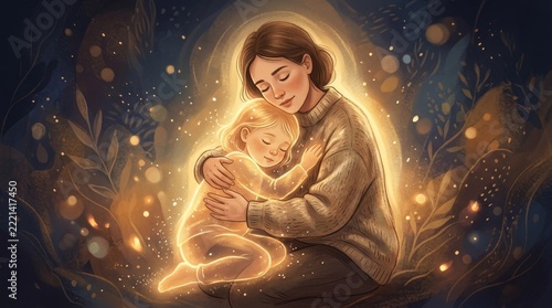 Holy Mother Holding Infant With Golden Light Illustration.