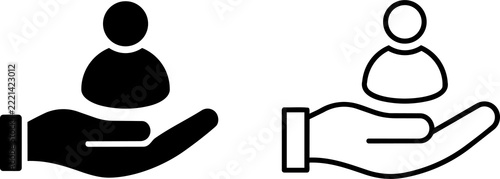 Human hand palm supporting user profile symbol representing person care