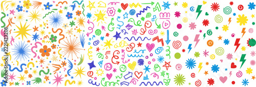 Colorful Hand Drawn Doodles of Stars, Flowers, Hearts, Lightning Bolts, and Swirls, Whimsical Design Elements Colorful Doodle Flowers and Decorative Symbols Vector Collection, Cute Floral Elements, 