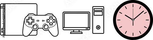 Gaming Console and Computer Outline Vector Icon Collection, Game Controller, Desktop Monitor, PC Tower and Pink Wall Clock