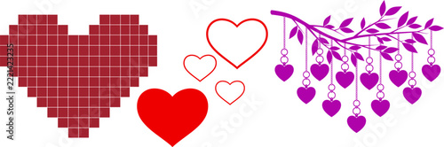 Hearts Graphic Design Elements, Pixelated Heart Icon, Hanging Heart Decorations, Romantic Illustration, Valentine's Day Concept.
