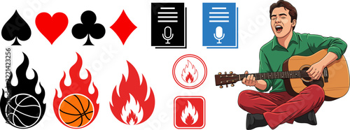 Music and Fire Symbols Vector Illustration Collection, Guitar Playing Musician, Playing Card Suit Icons, Flame Symbols and Fire Safety Graphics