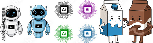 Artificial Intelligence Robot Vector Illustration, Cute AI Robots with AI App Icons and Smart Paper Characters, Machine Learning Technology Concept