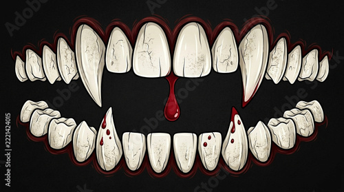 Vampire teeth with blood dripping, horror mouth illustration for Halloween or dark fantasy design