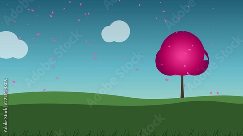 Flat 2D Vector Animation Of Pink Sakura Cherry Blossom Tree Falling Petals On Green Hill Landscape