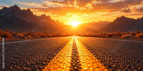 Scenic desert highway road trip at sunset with golden sun rays over